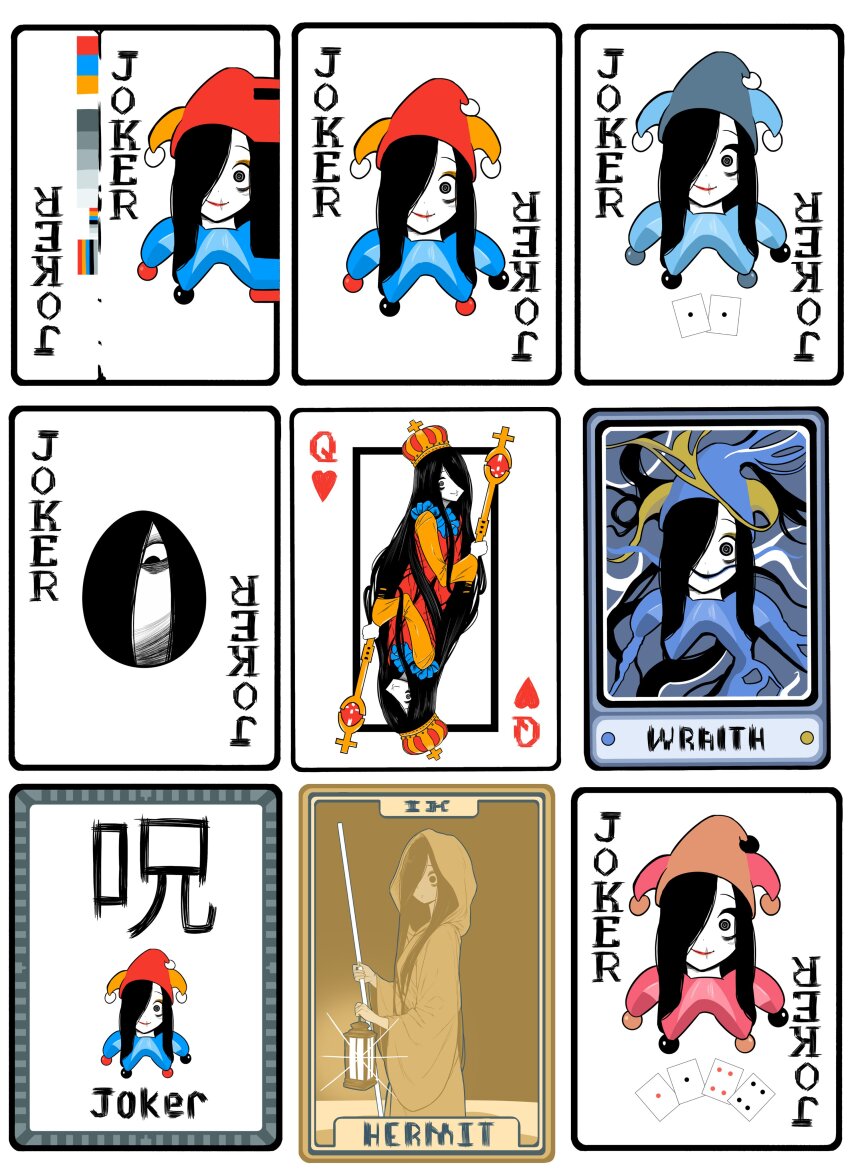 1girl absurdres alternate_costume arched_crown balatro black_eyes black_hair blue_lips card color_guide colored_skin commentary cosplay crown english_commentary frills glitch gold_scepter hair_over_one_eye hat heart highres holding holding_scepter holding_staff hooded_robe jester_cap jimbo_(balatro) jimbo_(balatro)_(cosplay) joker_(playing_card) lantern long_hair long_sleeves looking_at_viewer looking_down lughost multiple_views official_alternate_color open_mouth playing_card queen_(playing_card) queen_of_hearts_(playing_card) red_lips ringed_eyes robe roman_numeral scar scar_on_face scar_on_mouth scepter spectral staff tarot tarot_card the_hermit_(tarot) the_ring very_long_hair white_skin yamamura_sadako