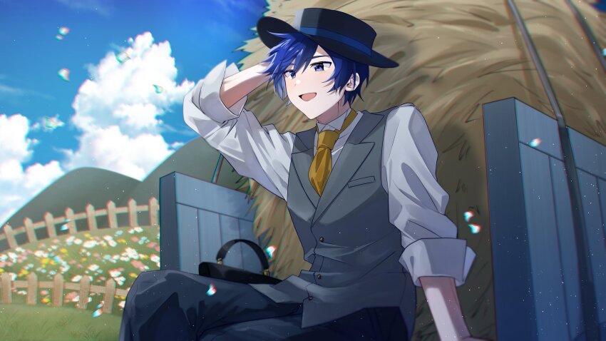 1boy arm_up black_hat blue_eyes blue_hair breast_pocket buttons cloud commentary_request fence field flower flower_field grey_vest hat hay highres kaito_(vocaloid) lapels long_sleeves male_focus necktie notched_lapels open_mouth outdoors parang_99 pocket short_hair sitting sky smile solo top_hat vest vocaloid waistcoat yellow_necktie