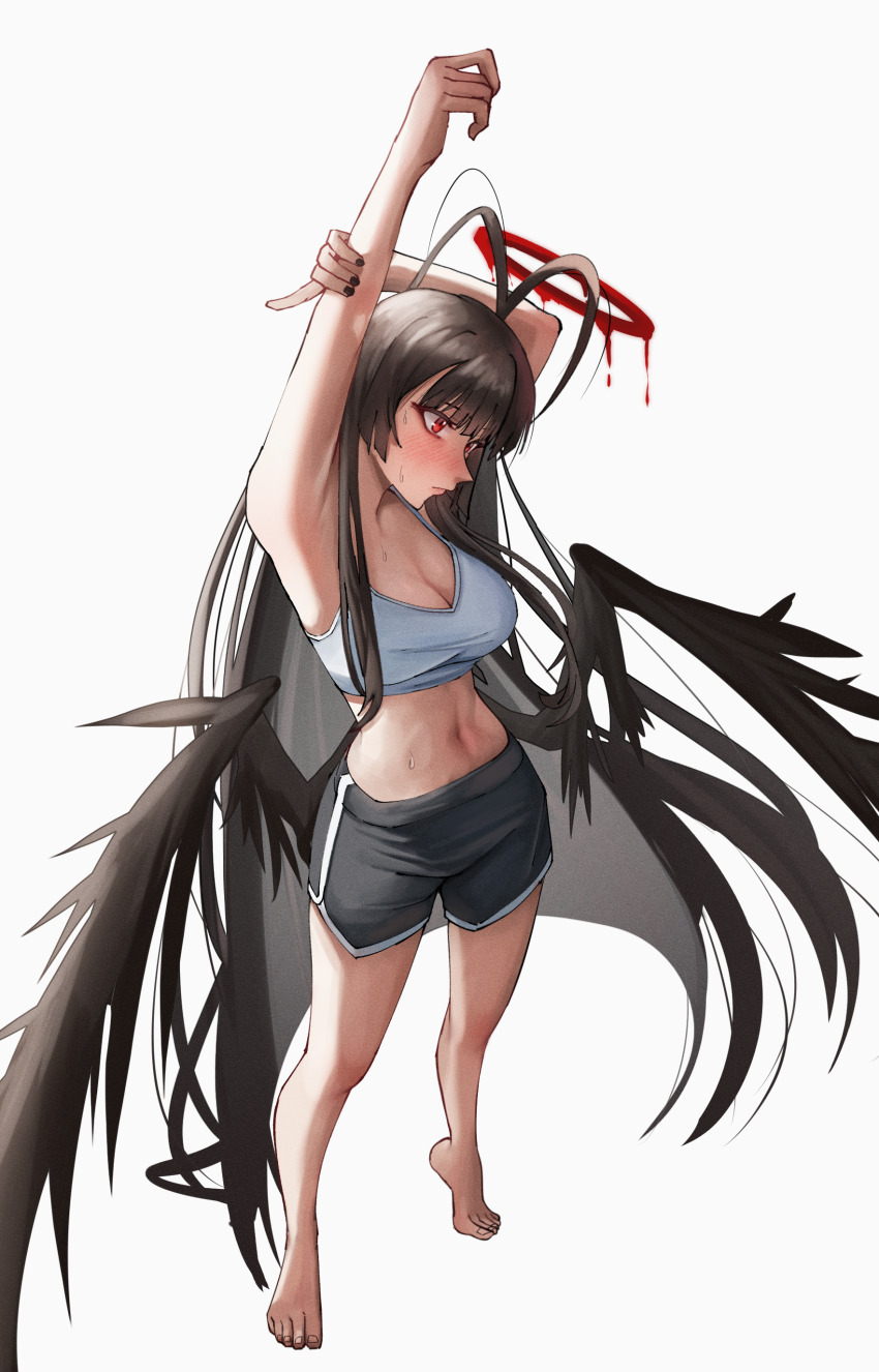 1girl absurdly_long_hair absurdres ahoge angel armpit_focus armpits barefoot black_hair black_nails black_wings blood blood_halo blue_archive blush breasts dark_halo dripping feathered_wings full_body halo highres liquid_halo long_hair melting_halo no_dickey over_shoulder presenting_armpit red_eyes red_halo shorts simple_background sports_bra stretching taeman tsurugi_(blue_archive) very_long_hair white_background white_sports_bra wings