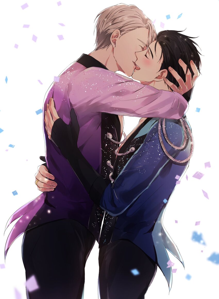 2boys black_hair black_pants closed_eyes confetti hair_slicked_back hand_on_another&#039;s_head highres jewelry katsuki_yuuri kira_(kirariky) kiss male_focus multiple_boys pants ring smile viktor_nikiforov white_background white_hair yaoi yuri!!!_on_ice