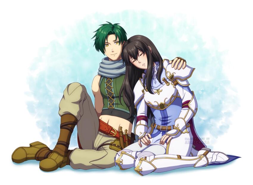 1boy 1girl absurdres adricarra armor astrid_(fire_emblem) black_hair breastplate closed_eyes commission commissioner_upload couple fire_emblem fire_emblem:_radiant_dawn full_body green_hair green_vest hand_on_another&#039;s_shoulder head_on_another&#039;s_shoulder hetero highres long_hair looking_at_another nintendo pauldrons shoulder_armor sitting sleeping smile sothe_(fire_emblem) vest yellow_eyes