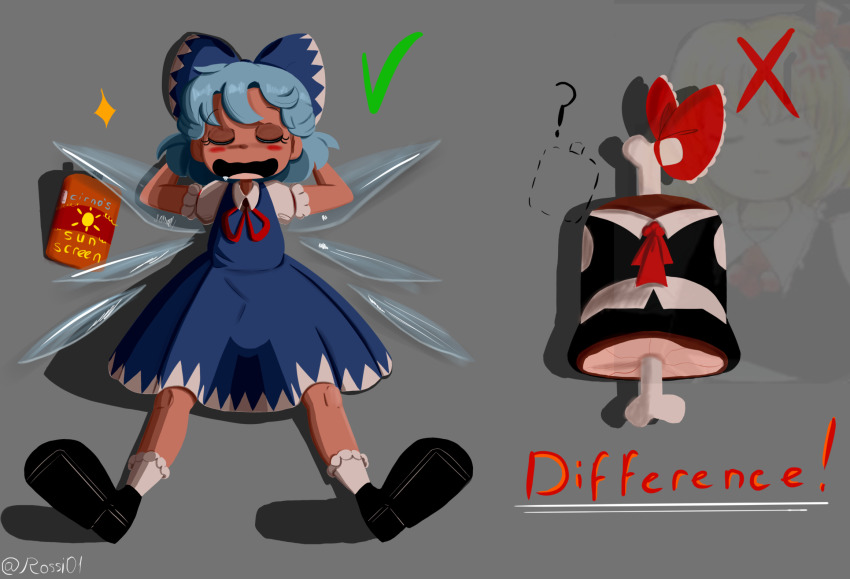 2girls bow cirno hair_bow highres multiple_girls open_mouth ribbon rossi01 rumia shirt short_hair simple_background skirt toon_(style) touhou
