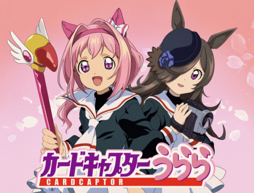 2girls :d animal_ears black_hat black_shirt blue_flower blue_rose bow brown_hair camcorder cardcaptor_sakura cosplay daidouji_tomoyo daidouji_tomoyo_(cosplay) ear_bow flower flower-shaped_pupils hair_over_one_eye hairband haru_urara_(umamusume) hat hat_flower highres holding holding_wand horse_ears kinomoto_sakura kinomoto_sakura_(cosplay) moko39_takasora multiple_girls open_mouth pink_hair pink_hairband pleated_skirt purple_eyes rice_shower_(umamusume) rose sailor_collar shirt skirt smile symbol-shaped_pupils tilted_headwear translation_request umamusume video_camera wand white_bow white_sailor_collar white_skirt