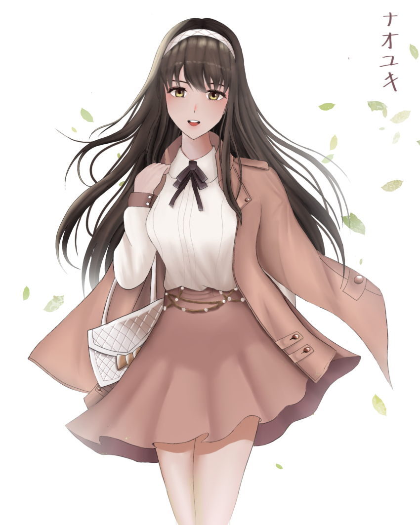 1girl absurdres blush breasts brown_skirt collared_shirt diesel_(nikke) diesel_(strawberry_flower)_(nikke) floating_hair goddess_of_victory:_nikke hairband high-waist_skirt highres large_breasts long_hair long_sleeves looking_at_viewer official_alternate_costume open_mouth ribbon shirt skirt smile solo user_cjfe5558 white_hairband white_shirt