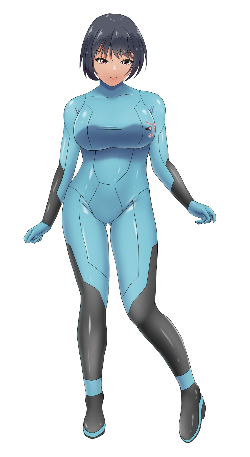 1girl absurdres blue_bodysuit bodysuit breasts cosplay full_body grey_hair highres jano_(janomental) large_breasts looking_at_viewer metroid nintendo original samus_aran samus_aran_(cosplay) short_hair simple_background skin_tight solo standing white_background zero_suit