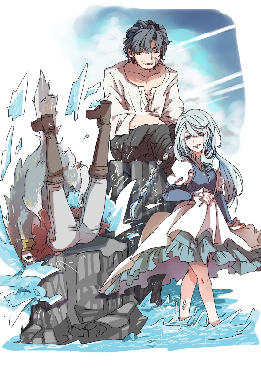 barefoot beard beard_stubble black_hair boots braid chinstrap_beard clive_rosfield drawstring facial_hair final_fantasy final_fantasy_xvi grey_hair grey_wolf highres jill_warrick joshua_rosfield leather_vest long_hair mustache_stubble oshibainoticket rock single_braid sitting smile soaking_feet splashing stubble tied_drawstring torgal_(ff16) water