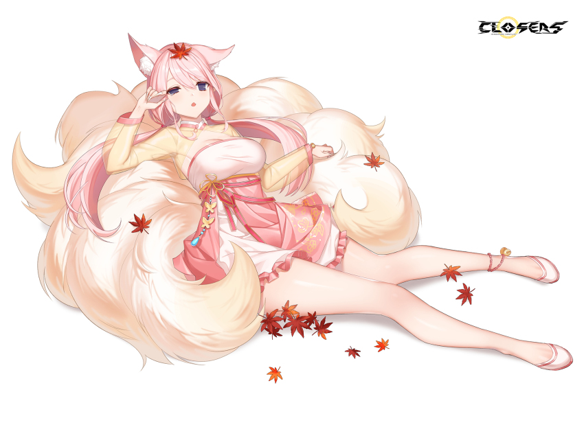 1girl :o alternate_hair_color animal_ear_fluff animal_ears ankle_bell autumn_leaves breasts cleavage cleavage_cutout closers clothing_cutout copyright_name dress fox_ears fox_girl fox_tail full_body hand_up highres kitsune kyuubi large_breasts layered_dress leaf leaf_on_head levia_(closers) logo long_hair long_sleeves low_twintails lying lying_on_tail maple_leaf multiple_tails no_pupils official_art on_back pink_dress pink_hair purple_eyes rubbing_eyes see-through_clothes see-through_sleeves single_ear_down sleepy solo tail twintails two-tone_dress uneven_eyes white_background white_footwear yellow_dress yellow_sleeves yellow_tail