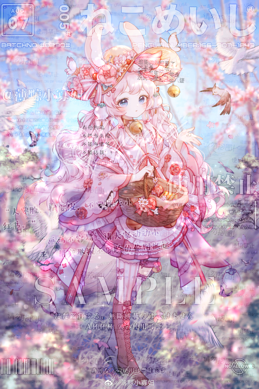 1girl absurdres animal_ears apron asymmetrical_footwear asymmetrical_legwear basket bell berry bird blonde_hair blue_eyes blurry blurry_background boots boqing_xiao_guafu bow bow_legwear branch brown_boots brown_choker bug butterfly cherry_blossoms choker commission day eyelashes field flower flower_field frilled_apron frilled_thigh_strap frills full_body grey_boots hair_flower hair_ornament hat hat_bell hat_flower hat_ribbon high_heel_boots high_heels highres holding holding_basket holding_petal insect japanese_clothes kimono knee_boots lace lace-trimmed_skirt lace-up_boots lace_trim light_blush lily_of_the_valley long_hair long_sleeves low_twintails miniskirt mismatched_footwear mismatched_legwear neck_bell original outdoors outstretched_hand parted_lips petals pink_bow pink_butterfly pink_flower pink_garter pink_kimono pink_rose pink_skirt pink_sleeves rabbit_ears rabbit_girl ribbon rose sample_watermark single_thighhigh skirt solo striped_bow striped_clothes striped_thighhighs sun_hat thigh_strap thighhighs twintails vertical-striped_clothes vertical-striped_thighhighs watermark wavy_hair white_apron white_bird white_flower white_thighhighs wide_sleeves yellow_hat