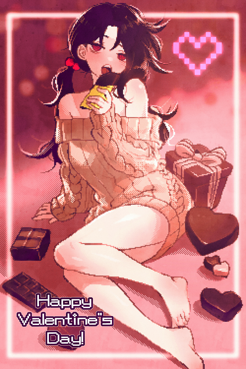 1girl absurdres barefoot black_hair box breasts candy chocolate chocolate_bar eating feet food gift gift_box happy_valentine heart highres long_hair low_twintails naked_sweater off-shoulder_sweater off_shoulder open_mouth original pixel_art reclining red_eyes solo spoiledmuffin sweater twintails