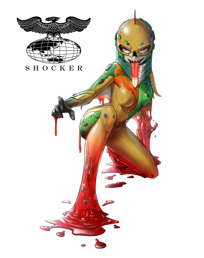 1girl belt belt_buckle bodysuit buckle colored_skin commentary cyborg dripping eidenjyou1997 english_commentary genderswap genderswap_(mtf) green_hair grey_skin helmet highres imorigues kamen_rider kamen_rider_(1st_series) logo long_tongue melting monster_girl open_mouth orange_eyes shocker_(kamen_rider) simple_background solo tongue tongue_out white_background white_belt