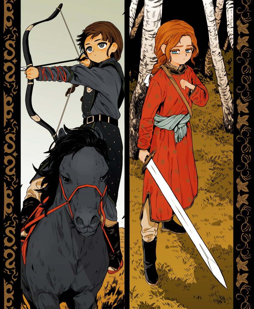 2girls ancient_mongolian_armor aqua_eyes aqua_sash arrow_(projectile) black_boots boots bow_(weapon) braid brown_hair brown_pants chinese_clothes deel dress forest grass grey_dress grey_eyes hanfu highres holding holding_sword holding_weapon horse horseback_archery horseback_riding long_hair mongolia mongolia_(nanimonothing) mongolian_clothes multiple_girls nanimonothing nature orange_hair original pants red_dress red_hanfu riding russia_(nanimonothing) sword tree twin_braids weapon yuanlingpao