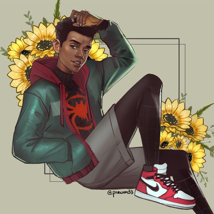 1boy arm_above_head arm_up black_bodysuit bodysuit brown_eyes brown_hair commentary curly_hair drawstring english_commentary fingernails flower foot_out_of_frame grey_shorts highres hood hood_down hooded_jacket hoodie jacket knee_up long_sleeves looking_to_the_side male_focus marvel miles_morales mistermagnolia multicolored_jacket multicolored_shoes nike_(company) open_clothes open_hoodie plant red_hood shoelaces shoes short_hair shorts sideburns sideways_glance smile sneakers spider-man:_into_the_spider-verse spider-man_(series) spider-verse spider_web_print sunflower superhero_costume teeth twitter_username unzipped yellow_flower zipper