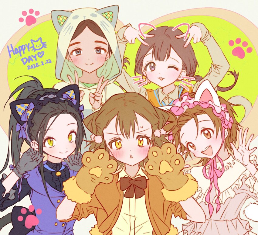 5girls :3 animal_costume animal_ears animal_hands animal_hood bell black_hair blue_eyes blush bow brown_eyes brown_hair cat_costume cat_ears cat_hood cat_paws cat_tail cosplay dated english_text fake_animal_ears gloves haoriday highres hood kamisaki_hikaru kamoto_suzu lolita_fashion long_hair looking_at_viewer medalist_(manga) miketa_ryouka multiple_girls one_eye_closed open_mouth paw_gloves paw_pose paw_print ponytail short_hair smile tail twintails v yamato_ema yellow_eyes yuitsuka_inori