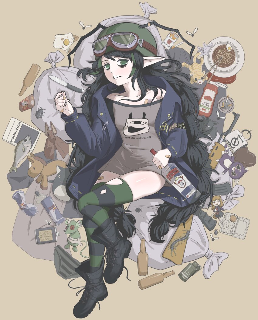 1girl absurdres alcohol antennae ashtray assault_rifle bandaid bandaid_on_leg black_boots black_hair black_thighhighs blue_jacket bonetaker2 boots bottle bowl braid bug can cigarette cigarette_pack coffee coffee_mug combat_helmet commentary crushed_can cup egg egg_carton elf elfinpsyop english_commentary explosive fish fly food fried_egg goggles goggles_on_headwear green_eyes green_hair green_thighhighs grenade grey_shirt gun helmet highres holding holding_bottle indie_virtual_youtuber insect jacket ketchup ketchup_bottle knife long_hair looking_at_viewer low_twin_braids lying mug multicolored_hair noodles on_back pointy_ears ramen red_bull rifle shirt smirnoff_(vodka) softboiled_egg solo streaked_hair striped_clothes striped_thighhighs stuffed_animal stuffed_toy thighhighs trash_bag twin_braids very_long_hair virtual_youtuber vodka weapon