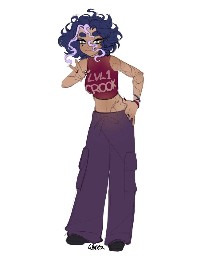1girl alternate_skin_color baggy_pants bare_arms bare_shoulders black_shoes blue_hair bracelet bright_pupils closed_mouth clothes_writing commentary cracked_skin crop_top dark-skinned_female dark_skin english_commentary full_body grey_eyes hair_between_eyes hand_in_pocket hand_on_own_hip happy highres jewelry long_hair_between_eyes medium_hair messy_hair midriff mole mole_under_eye multicolored_hair multiple_bracelets multiple_rings nail_polish pants pink_nails pink_shirt pocket purple_hair purple_pants redesign ring shirt shoes signature simple_background sleeveless sleeveless_shirt smile solo standing stormy_(winx_club) streaked_hair thick_eyebrows two-tone_hair v white_background white_pupils wikate winx_club