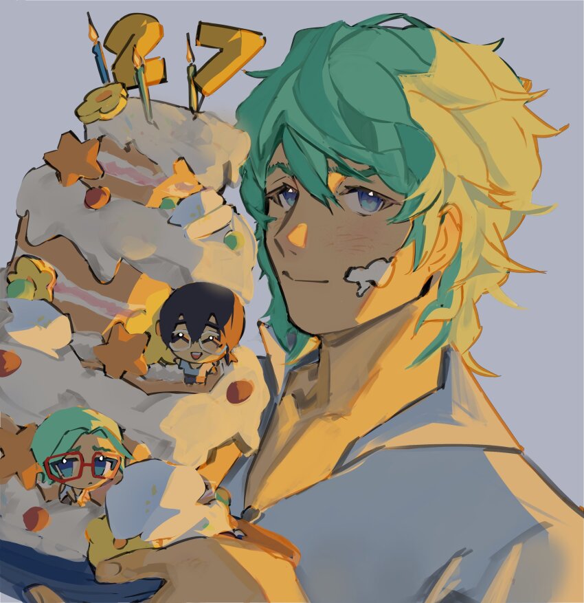 1boy :d birthday_cake blue_eyes cake candle character_doll collarbone collared_shirt cove_holden curly_hair doll facial_mark flower food frown glasses green_hair grin highres holding holding_cake holding_food looking_at_viewer main_character_(our_life) male_focus messy_hair number_candle open_mouth our_life our_life:_beginnings_and_always shirt short_hair sidelighting smile solo star_(symbol) upper_body white_shirt yngsu