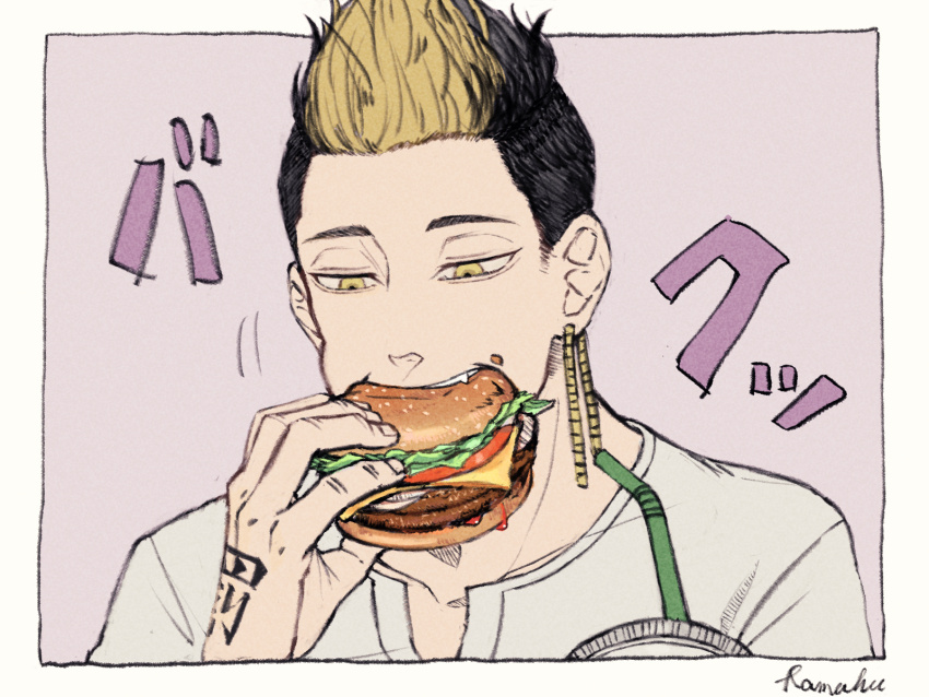 1boy artist_name black_hair blonde_hair border burger collarbone commentary_request cup disposable_cup drinking_straw earrings eating fang food food_on_face hand_tattoo hand_up hanma_shuuji highres holding holding_burger holding_food jewelry looking_down male_focus multicolored_hair outside_border purple_background ramfu shirt short_hair signature simple_background single_earring solo spiked_hair tattoo teeth tokyo_revengers two-tone_hair undercut upper_body white_border white_shirt yellow_eyes