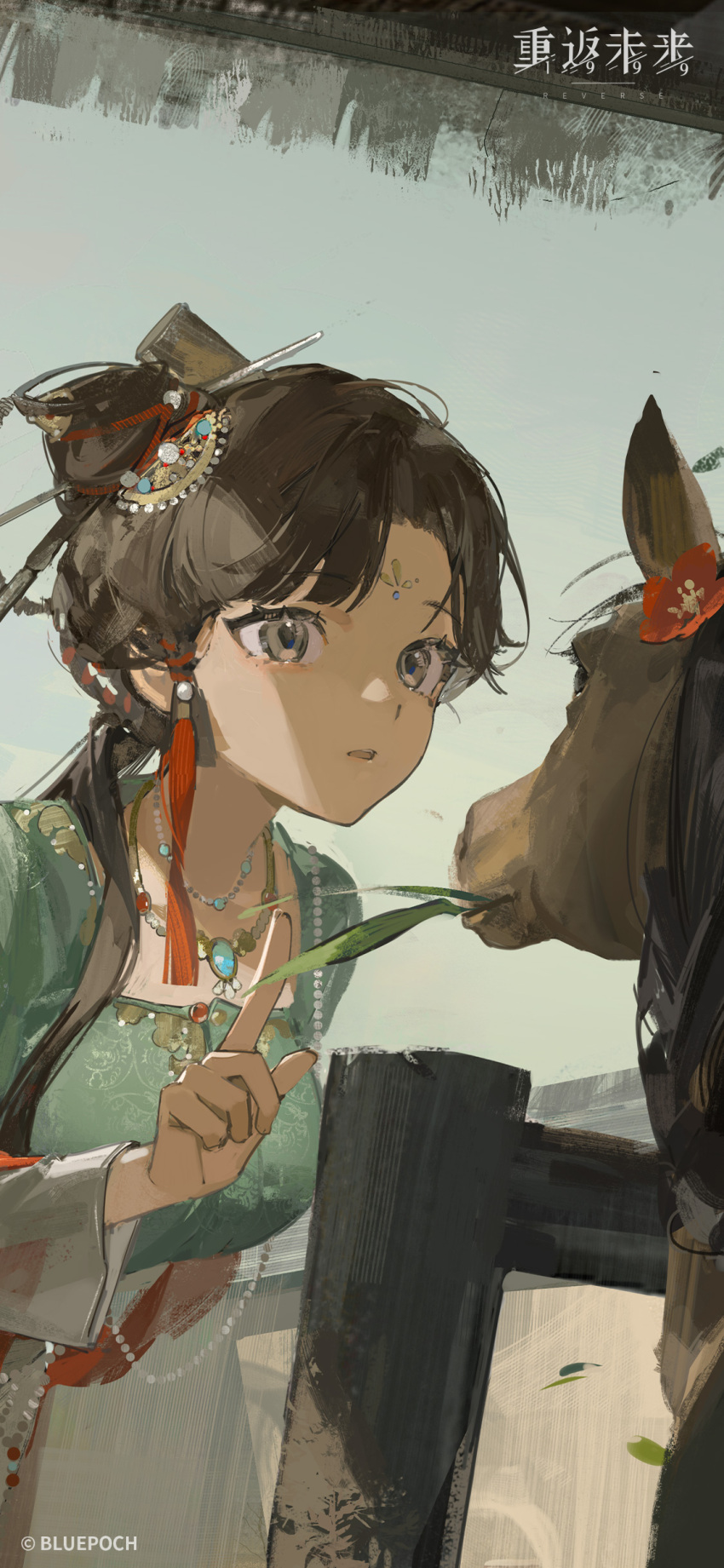 1girl absurdres backlighting black_eyes black_hair blue_sky chinese_clothes copyright_name copyright_notice counting facial_mark flower forehead_mark green_shirt hair_bun hair_ornament hair_over_shoulder hand_up hanfu highres horse index_finger_raised jewelry jiu_niangzi layered_sleeves leaning_forward logo long_hair long_sleeves looking_ahead mouth_hold necklace official_art official_wallpaper parted_lips red_flower red_shawl reverse:1999 shawl shirt short_over_long_sleeves short_sleeves single_side_bun sky solo stable stalk_in_mouth tassel tassel_hair_ornament upper_body white_sleeves