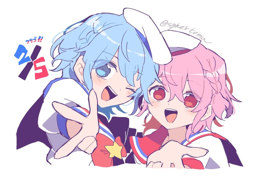 1boy 1girl :d ;d blue_eyes blue_hair blush braid brother_and_sister cropped_torso dorothy_west foreshortening hair_between_eyes hat highres idol_clothes looking_at_viewer nojima_minami one_eye_closed open_mouth pink_hair pretty_series pripara puffy_short_sleeves puffy_sleeves red_eyes red_sailor_collar reona_west sailor_collar sailor_hat shirt short_hair short_sleeves siblings side_braid smile twins twitter_username upper_body v white_background white_headwear white_shirt