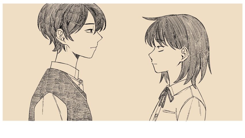 2girls ahoge breast_pocket closed_mouth collared_shirt dress_shirt eye_contact face-to-face from_side futsuu_no_keion-bu hair_behind_ear hair_ornament hairpin hatono_chihiro highres kouyama_rin looking_at_another monochrome multiple_girls neck_ribbon parted_bangs pixie_cut pocket profile ribbon rra_(yj) school_uniform shirt short_hair simple_background sweater_vest upper_body