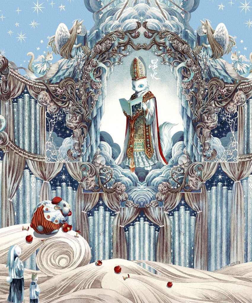 angel animal apple apple_core beret blue_sailor_collar blue_skirt blue_sky book capelet cat clothed_animal commentary eating english_commentary food fruit hat high-waist_skirt highres holding holding_book holding_food holding_fruit instrument long_skirt mitre no_humans organ_(instrument) original pleated_skirt priest puffy_short_sleeves puffy_sleeves rabbit reading red_hat red_shirt robe sailor_collar school_uniform serafuku shirt short_sleeves skirt sky sparkle stole striped_clothes striped_shirt surreal vertical-striped_clothes vertical-striped_shirt white_capelet white_robe white_shirt xhar_art