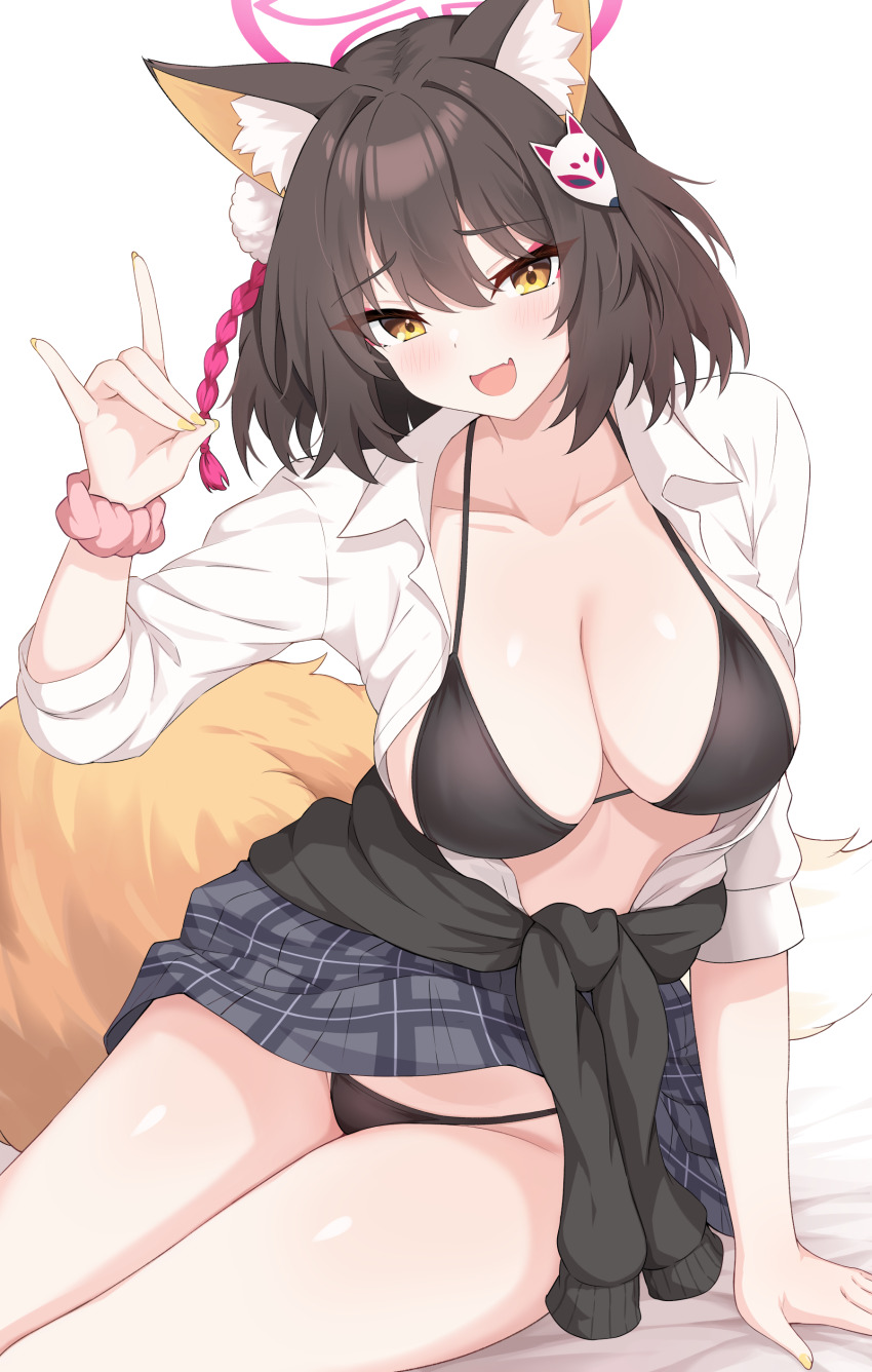 1girl absurdres alternate_breast_size alternate_costume animal_ear_fluff animal_ears arm_support bikini black_bikini black_jacket black_skirt blue_archive blush breasts brown_hair center_opening cleavage clothes_around_waist clothes_lift collarbone commentary enru fang fingernails fox_ears fox_girl fox_mask fox_shadow_puppet fox_tail gyaru hair_between_eyes hair_ornament halo hand_up highres izuna_(blue_archive) jacket jacket_around_waist large_breasts looking_at_viewer mask mask_on_head miniskirt nail_polish one_side_up open_mouth paid_reward_available pink_halo pink_scrunchie pleated_skirt pom_pom_(clothes) pom_pom_hair_ornament rope scrunchie shimenawa shirt short_hair simple_background sitting skin_fang skirt skirt_lift smile solo swimsuit tail thighs white_background white_shirt wrist_scrunchie yellow_eyes yellow_nails yellow_tail