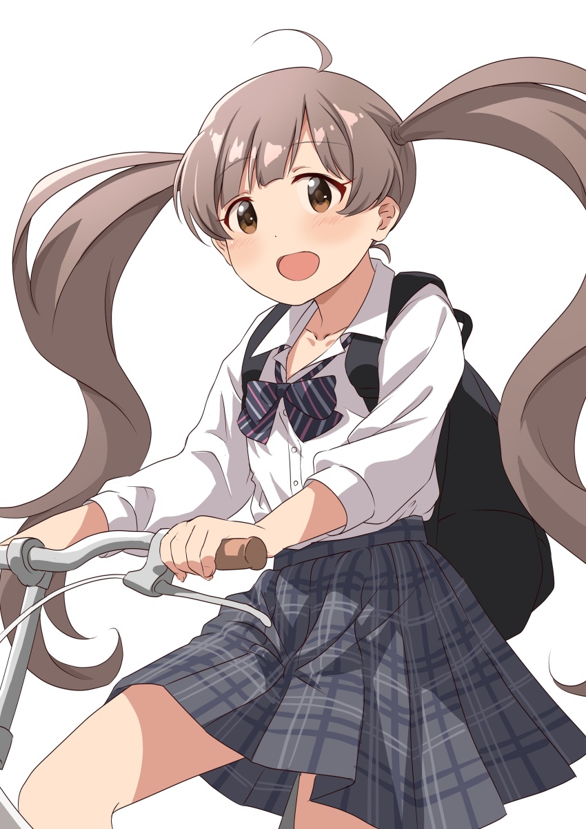 1girl :d absurdres ahoge backpack bag bicycle black_bag black_bow black_bowtie blunt_bangs blush bow bowtie brown_eyes brown_hair collarbone collared_shirt concept_gyarus_(idolmaster) cowboy_shot diagonal-striped_bow diagonal-striped_bowtie diagonal-striped_clothes dot_nose eyelashes flat_chest grey_skirt gyaru hakozaki_serika highres idolmaster idolmaster_million_live! idolmaster_million_live!_theater_days long_hair loose_bowtie open_collar open_mouth parted_bangs plaid_clothes plaid_skirt pleated_skirt riding riding_bicycle school_uniform shirt simple_background skirt sleeves_rolled_up smile solo striped_clothes twintails very_long_hair wavy_hair white_background white_shirt yukipo_p