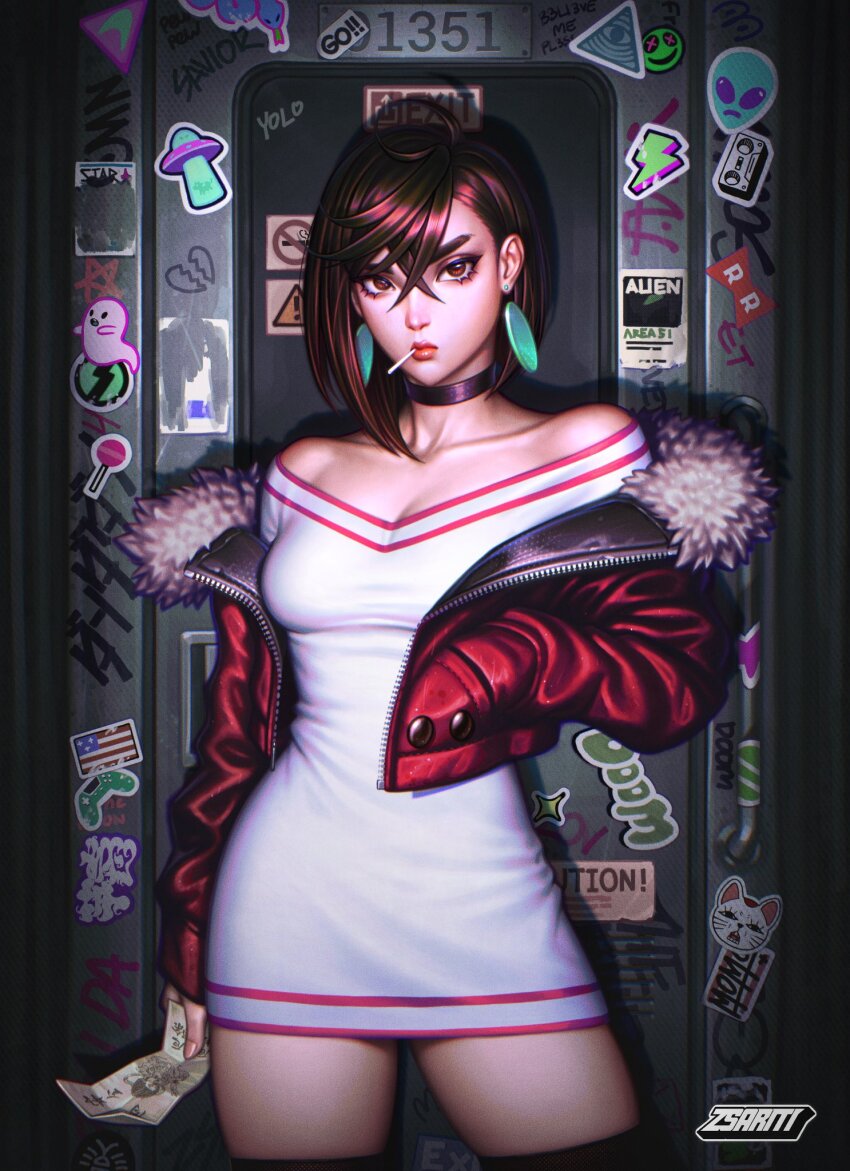 1girl alien artist_name ayase_momo bare_shoulders black_choker black_thighhighs breasts broken_heart brown_eyes brown_hair candy caution choker closed_mouth collarbone commentary cowboy_shot cropped_jacket crossed_bangs dandadan dress earrings eyelashes floating_earrings food food_in_mouth fur-trimmed_jacket fur_trim ghost hair_behind_ear hair_between_eyes hand_in_pocket heart highres holding holding_paper jacket jewelry lips lollipop long_sleeves looking_at_viewer medium_breasts off-shoulder_dress off_shoulder official_alternate_costume ofuda open_clothes open_jacket paper red_jacket red_lips short_dress short_hair sleeves_past_wrists solo sparkle star_(symbol) sticker symbol-only_commentary talisman thick_eyebrows thighhighs tight_clothes tight_dress tractor_beam turbo_granny_(dandadan) ufo v-neck white_dress zettai_ryouiki zsariti