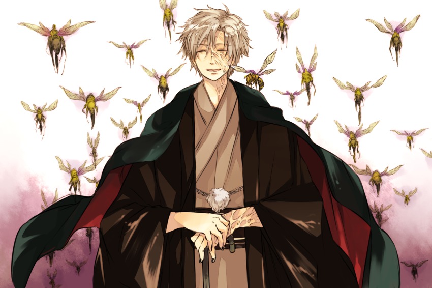 1boy ^_^ bug cane crest_worm closed_eyes fate/stay_night fate/zero fate_(series) goro_nyanko grey_hair haori highres bug japanese_clothes kimono male_focus matou_kariya short_hair smile solo alternate_universe white_hair