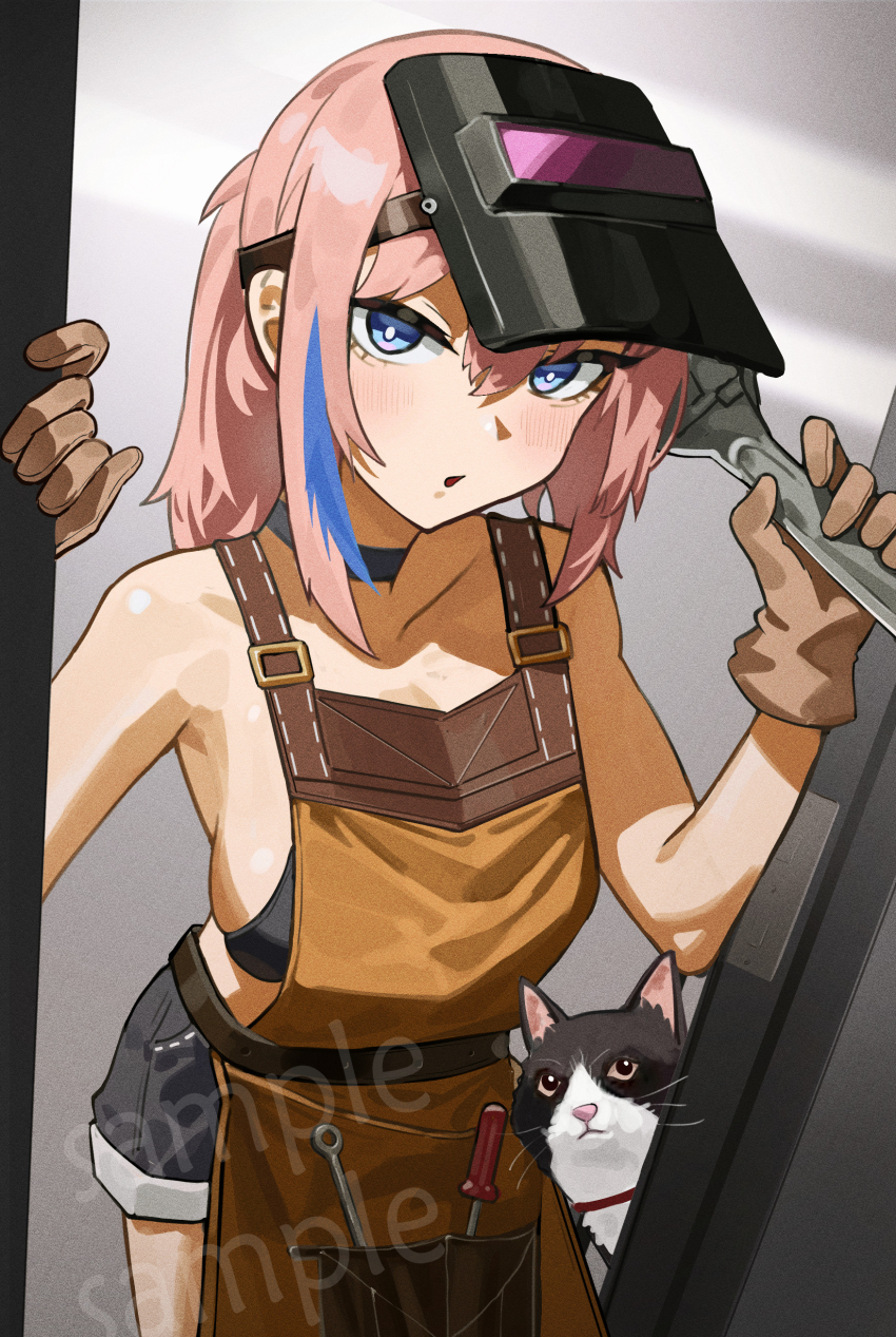 1girl :o absurdres apron black_choker blue_eyes blue_hair blush breasts brown_gloves cat choker commission girls&#039;_frontline gloves highres holding holding_wrench leather leather_gloves looking_at_viewer mask mask_on_head mentha multicolored_hair official_alternate_costume open_mouth pink_hair ponytail sample_watermark screwdriver shorts st_ar-15_(breeze_in_a_summer_afternoon)_(girls&#039;_frontline) st_ar-15_(girls&#039;_frontline) streaked_hair tools watermark welding_mask wrench