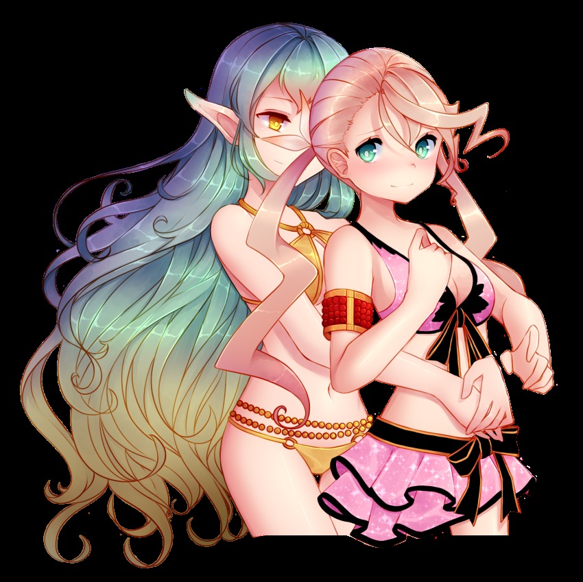 10s 2girls alisha_diphda aqua_eyes bare_shoulders bikini blue_hair blush breasts brown_hair cleavage highres hug hug_from_behind jewelry long_hair multiple_girls muzet_(tales) navel pointy_ears ribbon smile swimsuit tales_of_(series) tales_of_xillia tales_of_zestiria very_long_hair yellow_eyes yuri
