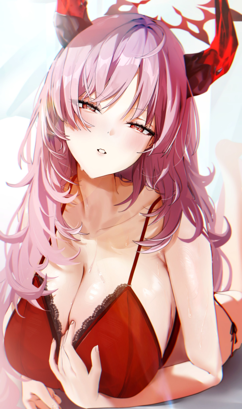1girl absurdres bikini blue_archive breasts cleavage collarbone commentary demon_horns feet_up fingernails half-closed_eyes halo highres horns lace lace-trimmed_bikini lace_trim large_breasts long_hair looking_at_viewer lying messy_hair on_stomach pink_hair red_bikini red_eyes satsuki_(blue_archive) side-tie_bikini_bottom solo string_bikini sweat swimsuit the_pose toge0toge0 very_long_hair