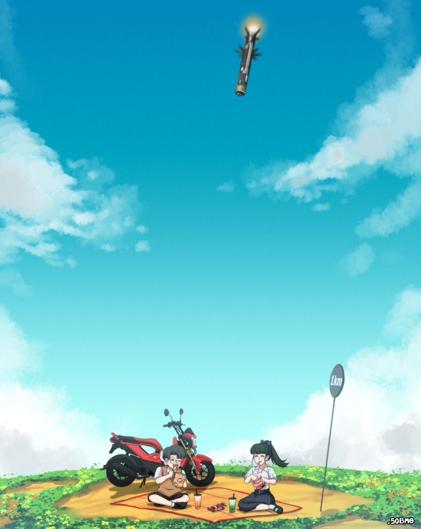 1girl 50bmg absurdres anti-tank_guided_missile anti-tank_missile artist_name black_hair bubble_tea chips_(food) closed_eyes cloud eating fgm-148_javelin food glasses high-explosive_anti-tank_(warhead) highres long_hair man-portable_anti-tank_systems mat missile motor_vehicle motorcycle original ponytail potato_chips precision-guided_munition school_uniform short_hair shoulder-fired_missile sign sitting sky snack tandem-charge thai_text