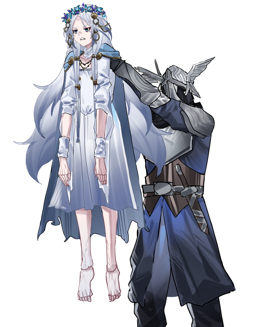 1boy 1girl absurdres armor blue_cape blue_eyes blue_tunic breastplate cape clenched_teeth doll_joints dress elden_ring elden_ring_nightreign flower_wreath head_wreath helmet highres joints lifting_person long_hair pauldrons revenant_(elden_ring) shoulder_armor simple_background standing teeth tunic vambraces white_background white_dress white_hair winged_helmet wylder_(elden_ring) yazu_(zoddiacz)
