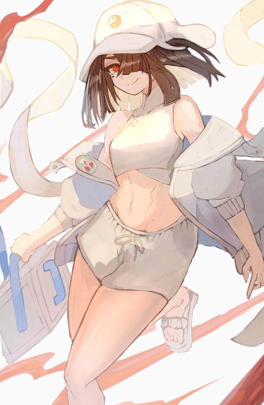 1girl bagua bare_shoulders bikini breasts fate/grand_order fate_(series) hair_over_one_eye hat highres mole mole_under_eye robe roy_(roy_pomu) simple_background small_breasts solo swimsuit trigram white_background white_robe xu_fu_(fate) xu_fu_(swimsuit_avenger)_(third_ascension)_(fate) yin_yang yin_yang_print