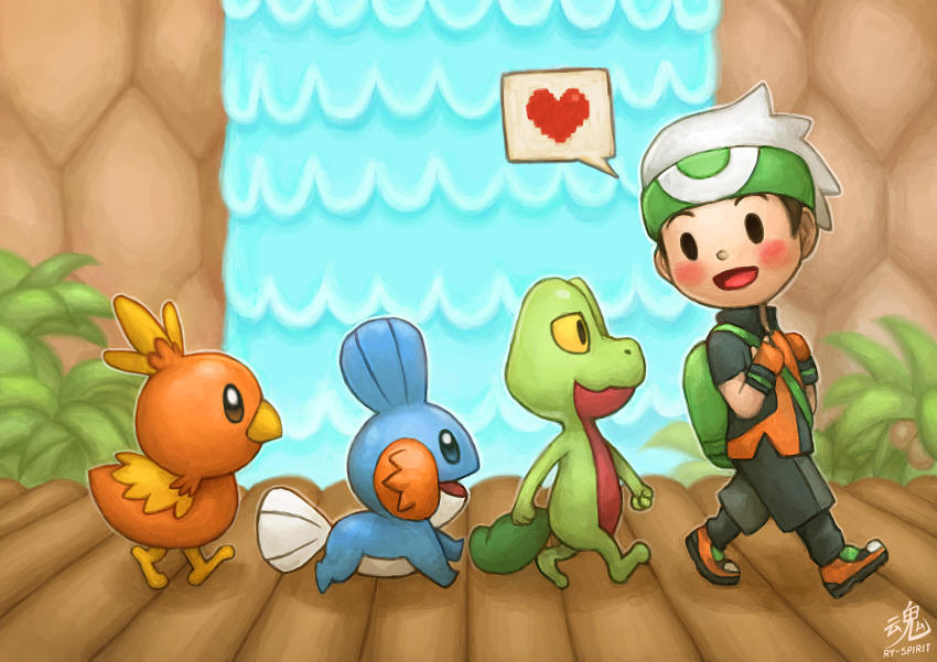 1boy :d backpack bag black_eyes blush brendan_(pokemon) brendan_(pokemon_emerald) commentary creature english_commentary following from_side full_body gen_3_pokemon hat heart highres mudkip nintendo open_mouth outdoors pokemon pokemon_(creature) pokemon_emerald pokemon_following_person pokemon_rse profile ry-spirit shoes signature smile spoken_heart starter_pokemon_trio torchic treecko walking water white_headwear