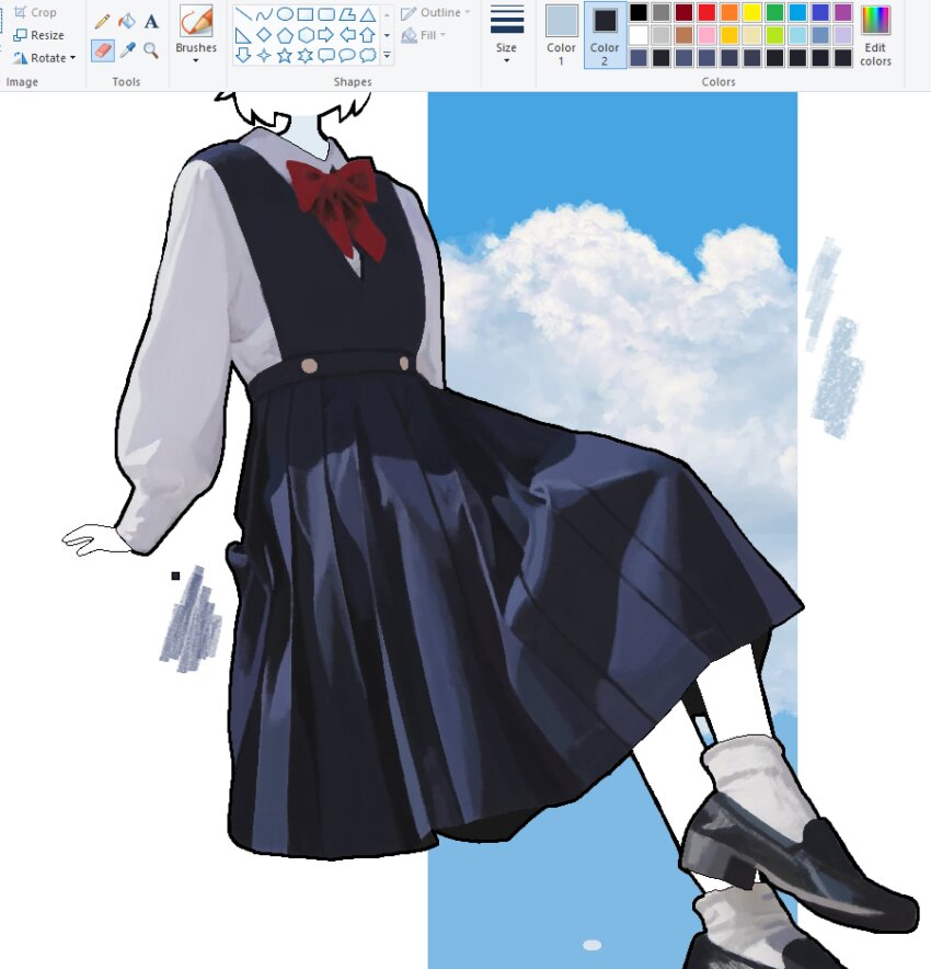1girl absurdres art_program_in_frame black_dress black_shoes bow bowtie chewchewer cloud collared_shirt colored_skin dress eyes_out_of_frame head_out_of_frame high_heels highres low_block_heels microsoft_paint_(medium) microsoft_paint_(software) nyan_(chewchewer) original red_bow red_bowtie shirt shoes short_hair sitting sky socks solo white_background white_hair white_shirt white_skin white_socks