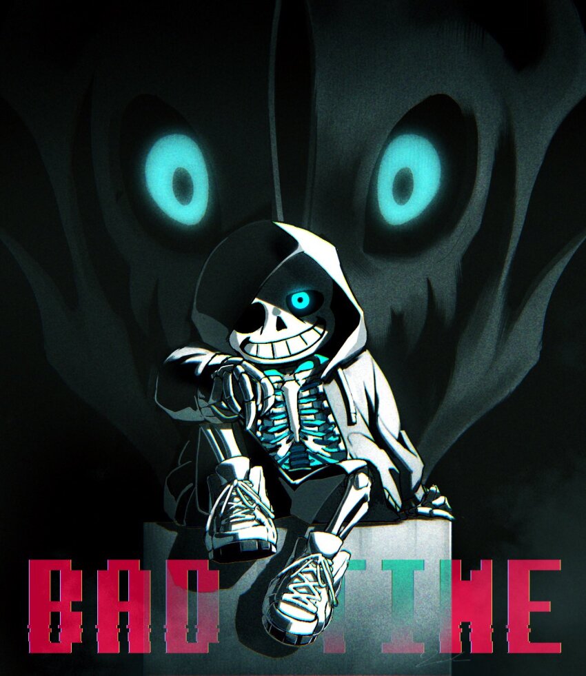 1boy black_shorts blue_eyes english_text gasterblaster glowing glowing_eye glowing_eyes grin highres hollow_eyes hood hooded_jacket jacket korokor59513559 looking_at_viewer male_focus sans_(undertale) shorts sitting skeleton smile solo teeth undertale