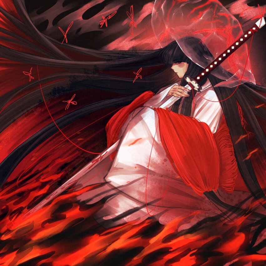 1girl black_hair blood bloody_weapon bridal_veil closed_mouth commentary english_commentary fire from_side highres holding holding_sword holding_weapon hood japanese_clothes katana kimono limbus_company long_hair long_sleeves looking_at_viewer mcnauru obi project_moon red_eyes red_sash ryoshu_(project_moon) sash see-through_clothes shiromuku solo string sword uchikake veil wataboushi weapon white_kimono wide_sleeves