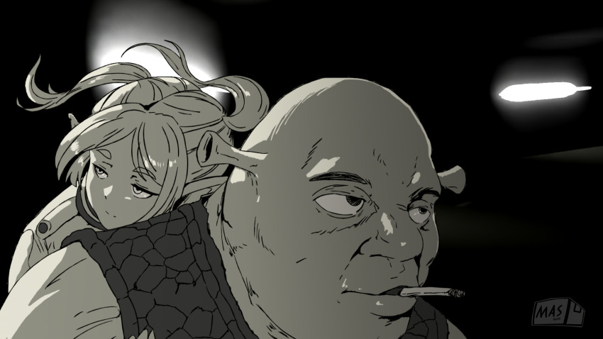 1boy 1girl animated animated_png artist_logo artist_name bald blender_(medium) blinking cigarette closed_mouth commentary crossover derivative_work driving elf english_commentary expressionless fallen_angels_(movie) floating_hair frieren greyscale highres hong_kong hug logo long_hair masban medium_hair meme monochrome motor_vehicle motorcycle nightcall_(song) ogre on_motorcycle parody pointy_ears riding shrek shrek_(series) sidelighting smoking sousou_no_frieren third-party_edit tunnel twintails tyrone vest watermark
