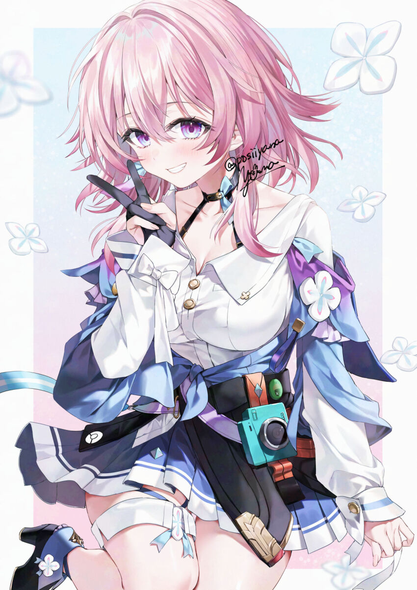 1girl acorn ankle_boots archery_shooting_glove badge black_boots black_choker black_gloves black_overskirt blue_background blue_boots blue_eyes blue_jacket blue_skirt boots border bra_strap breasts button_badge buttons camera choker cleavage clenched_teeth collarbone commentary_request earrings flower_ornament gloves gradient_background gradient_clothes gradient_jacket grin hair_between_eyes hand_up high_heel_boots high_heels highres honkai:_star_rail honkai_(series) jacket jewelry layered_sleeves long_sleeves looking_at_viewer march_7th_(honkai:_star_rail) march_7th_(preservation)_(honkai:_star_rail) medium_breasts medium_hair miniskirt multicolored_boots multicolored_eyes off-shoulder_jacket off_shoulder outside_border overskirt partial_commentary partially_fingerless_gloves pink_background pink_eyes pink_hair pink_jacket pink_pupils pleated_skirt shirt signature simple_background single_earring single_glove skirt smile solo teeth thigh_strap tied_jacket twitter_username two-tone_boots two-tone_eyes underbust v white_border white_shirt yana_mori