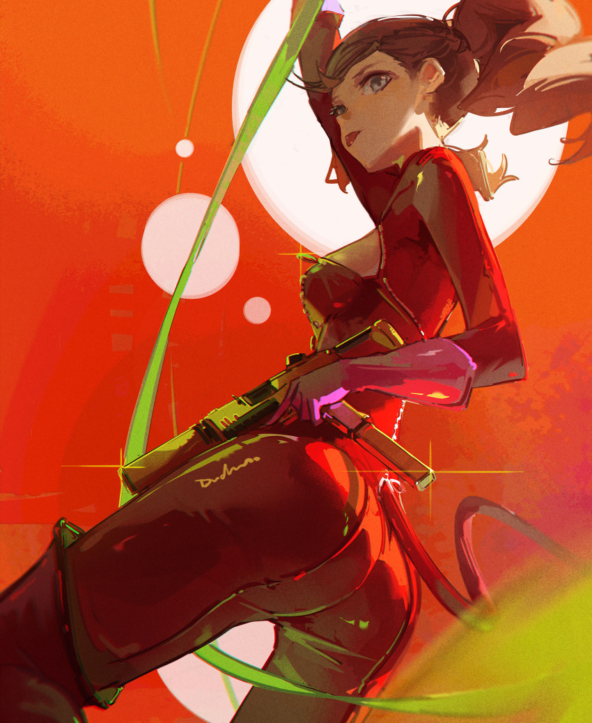 1girl absurdres ass blonde_hair bodysuit breasts dudrinm film_grain from_behind gun highres holding holding_gun holding_weapon leather_bodysuit looking_to_the_side persona persona_5 red_bodysuit shiny_clothes signature solo sparkle submachine_gun suppressor takamaki_anne trigger_discipline twintails weapon