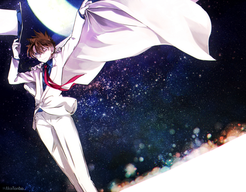 1boy aka_tonbo_(lililil) blazer blue_shirt brown_hair cape cape_hold closed_eyes closed_mouth collared_shirt commentary_request dutch_angle feet_out_of_frame gloves hat hat_tip jacket kaitou_kid long_sleeves magic_kaito male_focus meitantei_conan monocle necktie pants red_necktie shirt solo star_(sky) starry_sky_background twitter_username white_cape white_gloves white_hat white_jacket white_pants