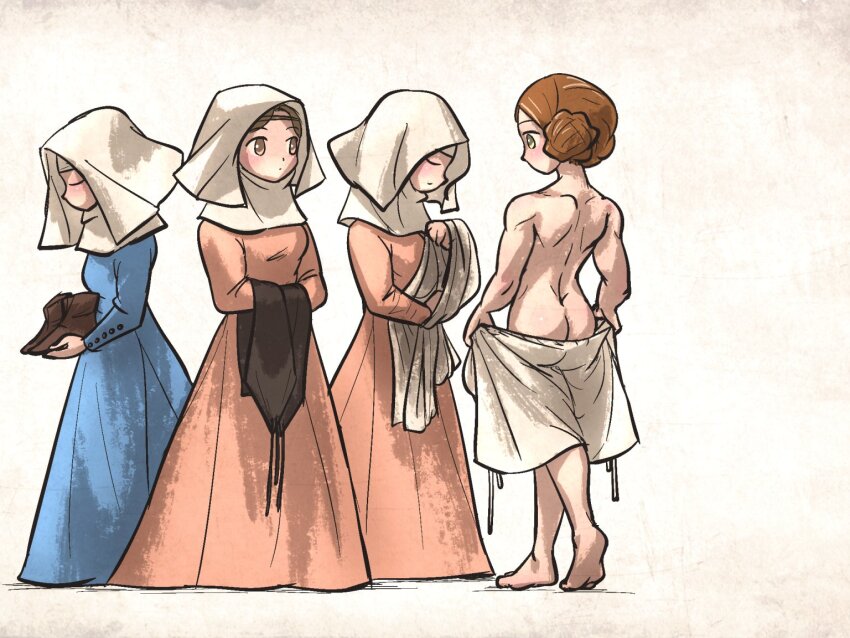 4girls barefoot blue_dress boots braid braided_bun brown_boots brown_eyes brown_hair closed_eyes closed_mouth commentary dress feet green_eyes hair_bun holding holding_boots holding_footwear holding_shirt holding_unworn_clothes ironlily lady_johnna_(ironlily) looking_to_the_side medieval multiple_girls muscular muscular_female ordo_mediare_sisters_(ironlily) partially_undressed pink_dress removing_legwear shirt simple_background standing symbol-only_commentary topless_female underwear undressing unworn_boots unworn_shirt white_shirt wimple