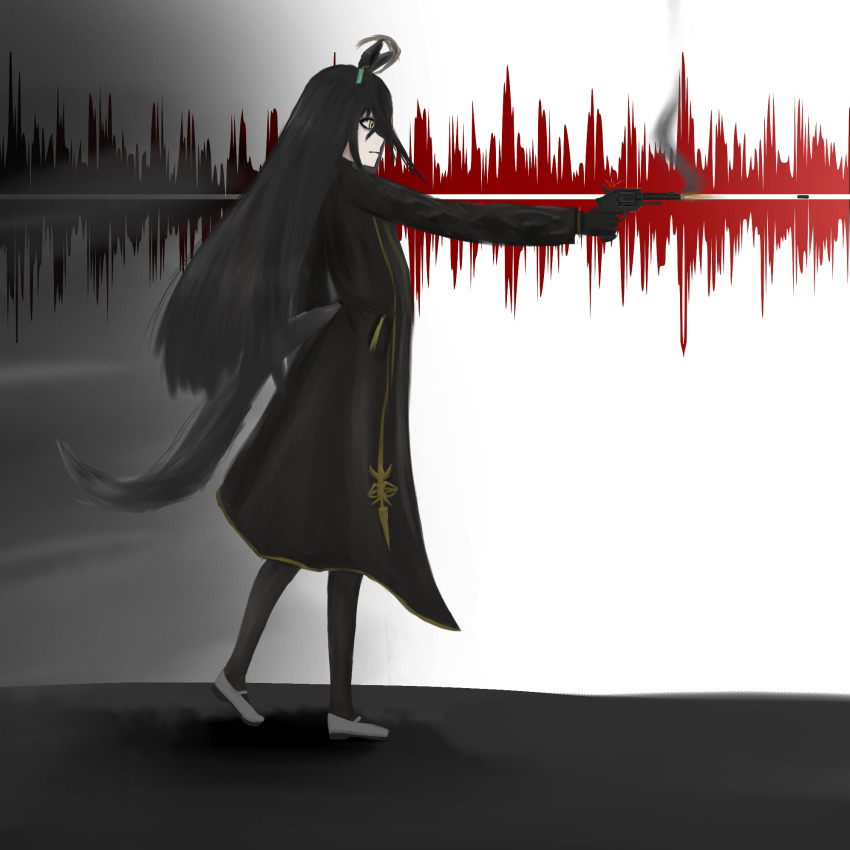 1girl ahoge aiming animal_ears black_coat black_hair black_pantyhose bullet closed_mouth coat ear_tag earrings firing grey_hair gun handgun highres horse_ears horse_girl horse_tail jewelry long_bangs long_hair manhattan_cafe_(umamusume) multicolored_hair pantyhose revolver shoes single_earring smoke solo standing tail thefatum umamusume very_long_hair weapon white_shoes yellow_eyes