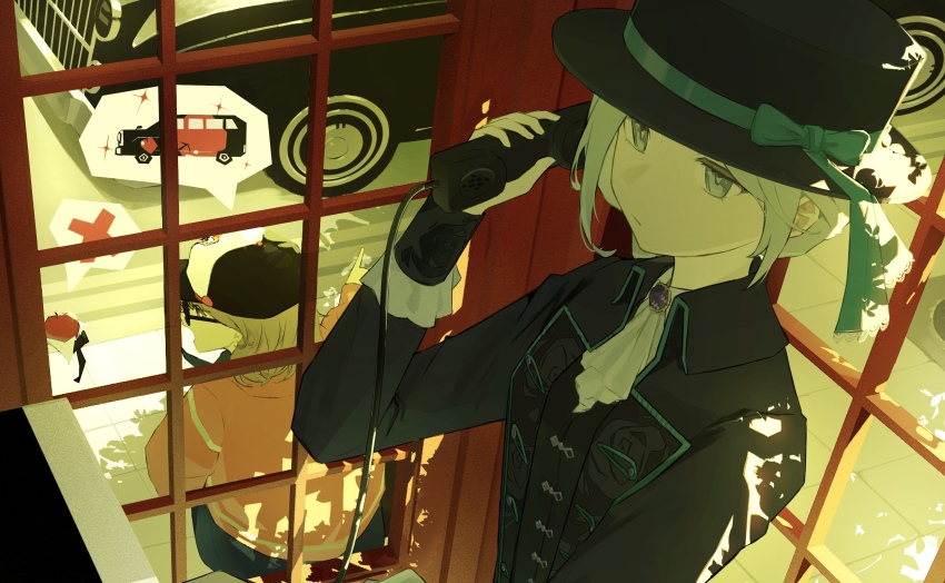 2girls apple apple_(reverse:1999) ascot black_bow black_bowtie black_coat black_hat blue_bow boater_hat bow bowtie brick_floor brown_hair car coat food from_above fruit grey_eyes grey_hair hand_up hat hat_bow highres holding holding_phone jacket kubu_fugu looking_at_another motor_vehicle multiple_girls newsboy_cap open_mouth payphone phone phone_booth pointing red_jacket red_telephone_box_(british) regulus_(reverse:1999) reverse:1999 short_hair sitting spoken_object spoken_x talking traditional_bowtie upper_body vertin_(reverse:1999) white_ascot