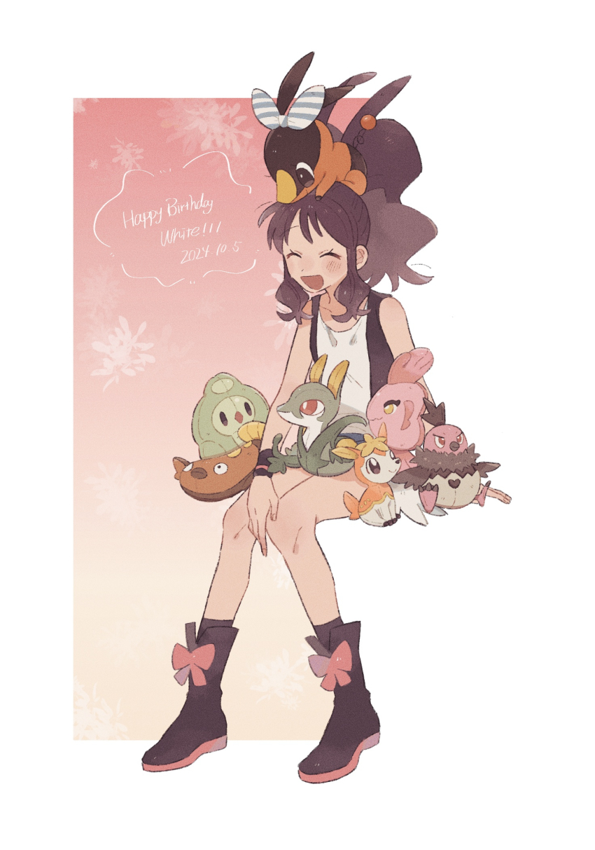 1girl :d alomomola boots brown_hair closed_eyes commentary deerling duosion gen_5_pokemon happy highres hilda_(pokemon) hime_(himetya105) invisible_chair knees nintendo on_head open_clothes open_mouth open_vest pokemon pokemon_(creature) pokemon_adventures pokemon_on_head serperior shirt sidelocks sitting sleeveless sleeveless_shirt smile socks stunfisk tepig vest vullaby white_shirt