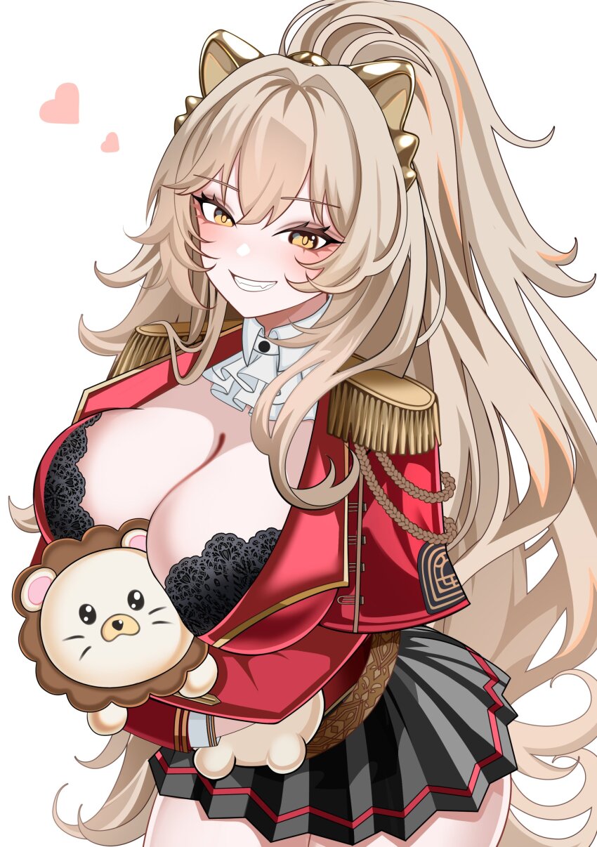 1girl absurdres aiguillette animal_ears azur_lane black_bra black_skirt bra breasts brown_hair cleavage commentary commission cowboy_shot detached_collar english_commentary epaulettes fake_animal_ears high_ponytail highres holding holding_stuffed_toy jacket large_breasts lion_(azur_lane) lion_ears long_hair looking_at_viewer miniskirt pleated_skirt ponytail red_jacket simple_background skirt smile solo stuffed_animal stuffed_toy underwear velmillix very_long_hair white_background yellow_eyes
