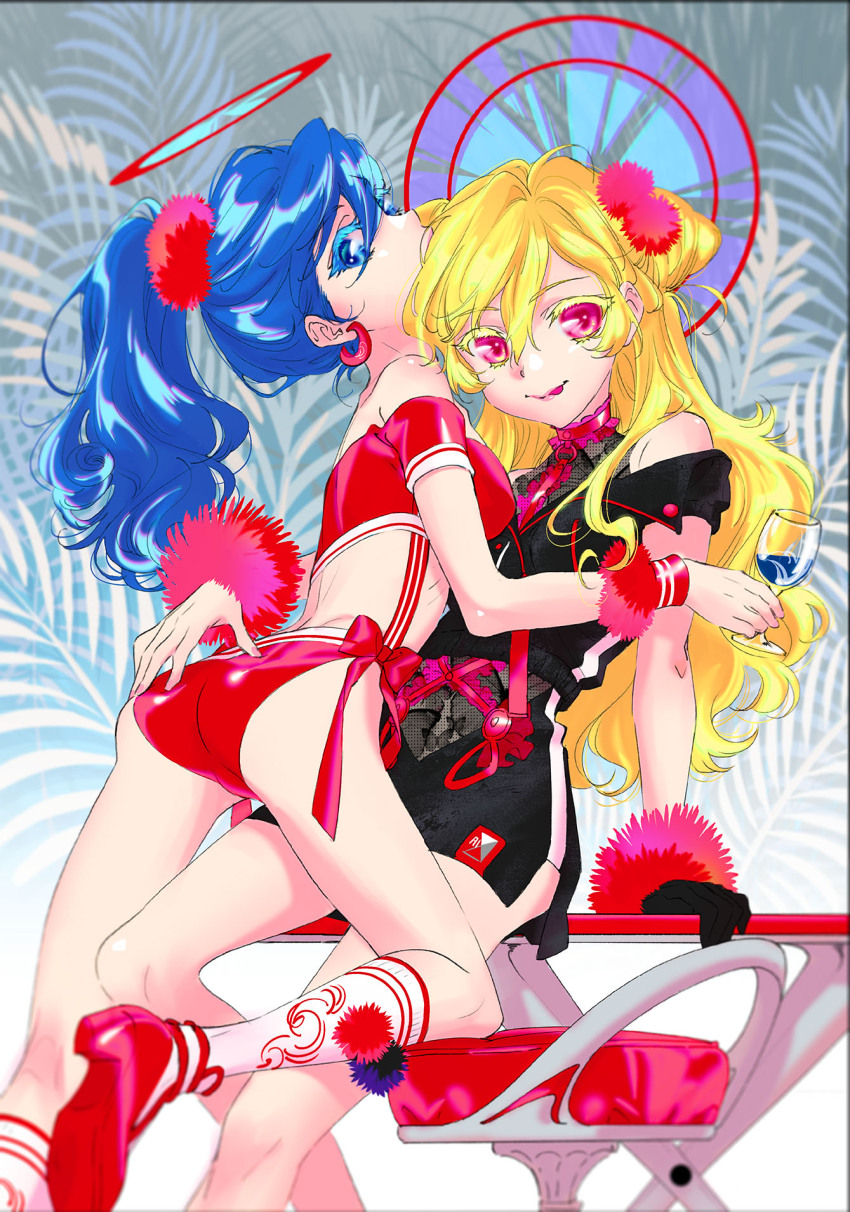 2girls :p aikatsu! aikatsu!_(series) arm_at_side ass back bare_shoulders black_dress black_gloves blonde_hair blue_eyes bow breasts choker clothing_cutout colored_eyelashes cropped_shirt cup double_bun dress frilled_choker frills glass gloves hair_bun hair_ornament halo hand_on_another&#039;s_ass highres holding holding_cup hoshimiya_ichigo kayo kiriya_aoi leaning_back leaning_forward legs_apart long_hair looking_at_viewer looking_back medium_breasts multiple_girls pink_choker pom_pom_(clothes) pom_pom_hair_ornament ponytail red_bow red_eyes red_shirt red_shoes red_tube_top shirt shoes short_dress shoulder_cutout sitting socks sports_bikini standing standing_on_one_leg strapless tongue tongue_out tube_top white_socks