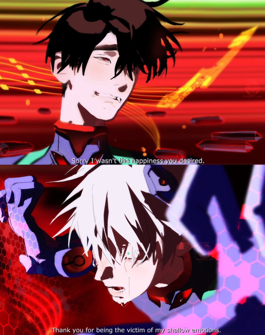 2boys alien_stage black_hair commentary cosplay crying english_commentary english_text green_eyes grey_hair highres ikari_shinji ikari_shinji_(cosplay) ivan_(alien_stage) male_focus multiple_boys nagisa_kaworu nagisa_kaworu_(cosplay) neon_genesis_evangelion open_mouth red_eyes short_hair till_(alien_stage) uchiha_i_arts very_short_hair